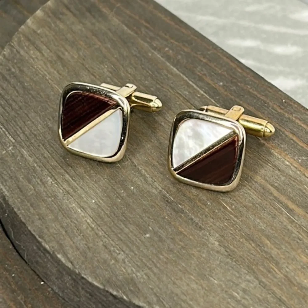 Cufflinks, mid century, modern, white, brown, and gold
